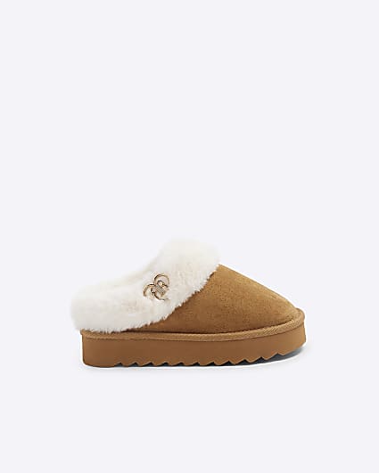 Girls Beige Faux Fur Closed Toe Slippers