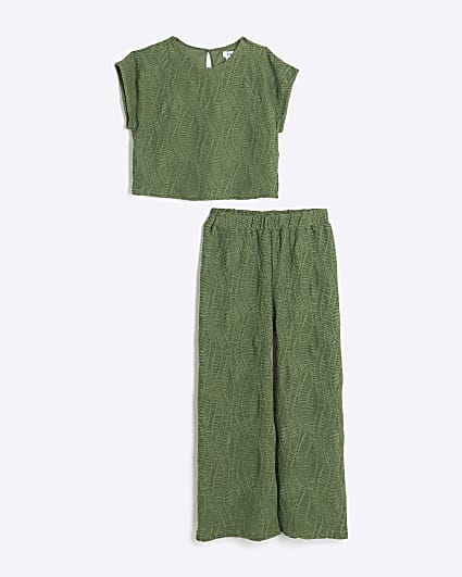 Girls khaki textured t-shirt and trousers set