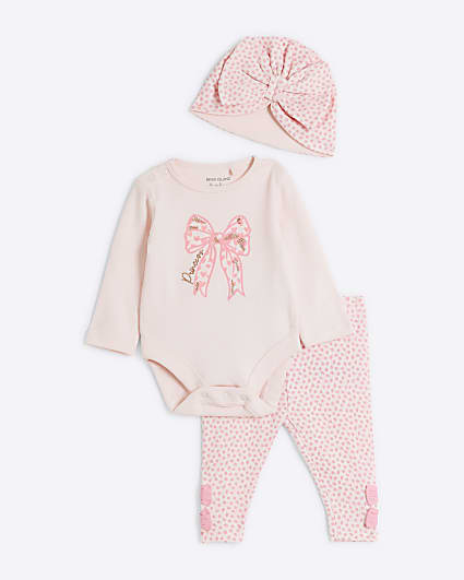 Baby Girls Pink Spot Print 3 Piece Turban Set