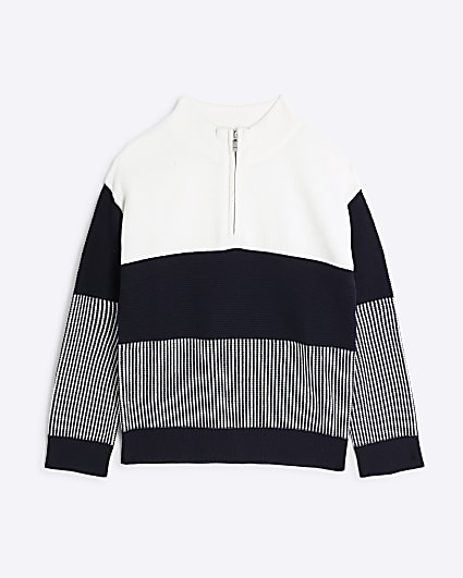 Boys Navy Colour Block Zip Funnel Neck Jumper