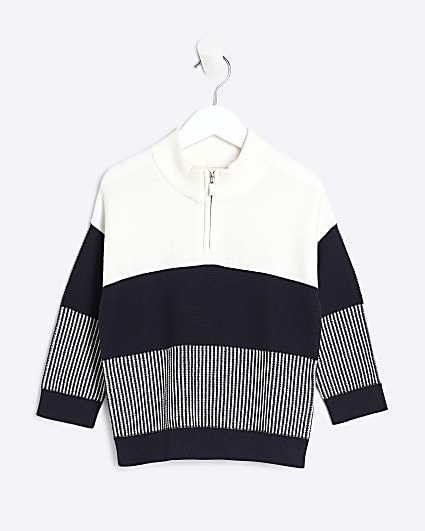 Mini Boys Navy Block Zip Funnel Neck Jumper