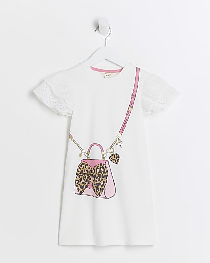 Mini girls white bag print t-shirt dress