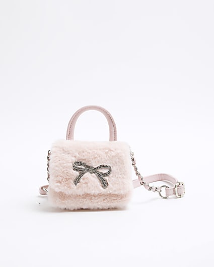 Girls Pink Faux Fur Bow Mini Cross Body Bag