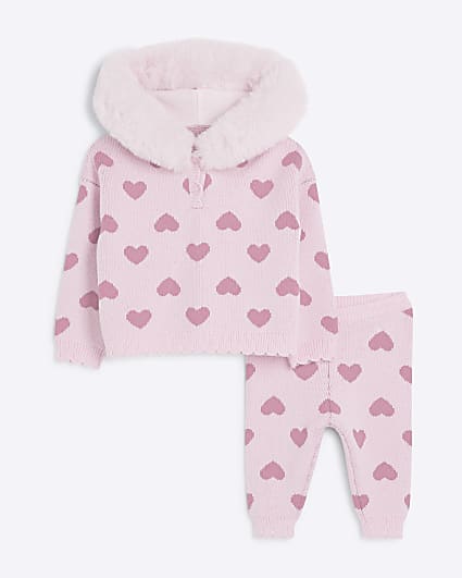 Baby Girls Pink Heart Knit Hooded Set