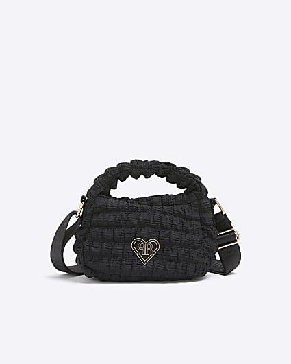 Girls black textured quilted cross body bag