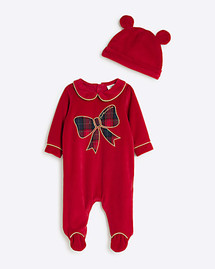 Baby Red Bow Collared Sleepsuit Set