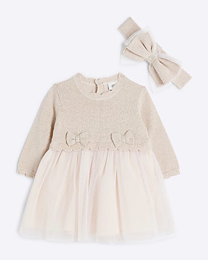 Baby girls pink knitted mesh dress set