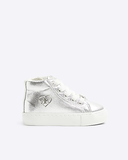 Mini girls silver metallic platform trainers