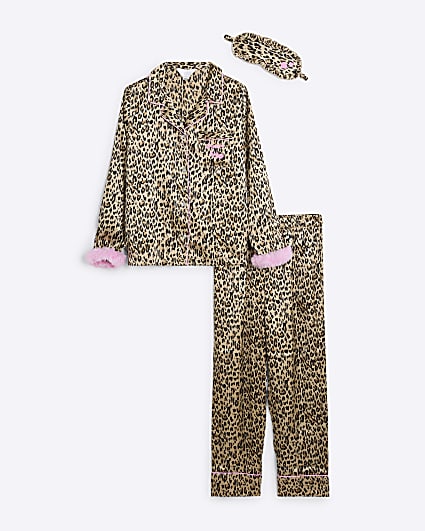 Girls Brown Faux Fur Cuff Leopard Pyjamas