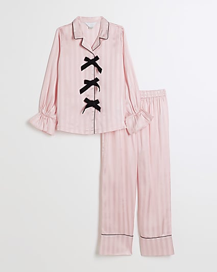 Girls Pink Black Satin Bow Pyjamas