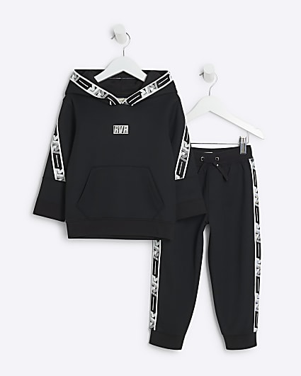 Mini Boys Black Taped Hoodie and Jogger Set