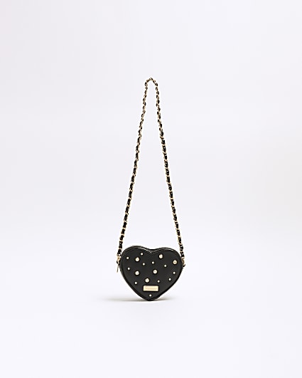 Girls Black Rhinestone Heart Cross Body Bag