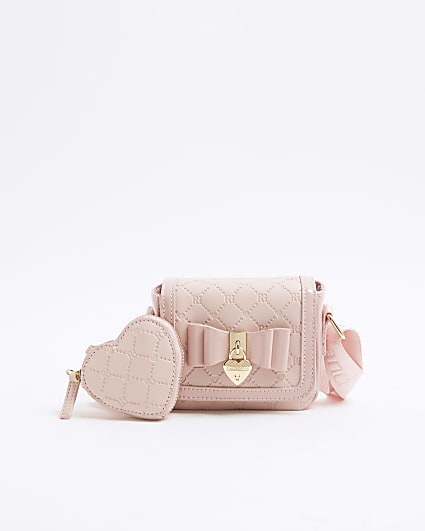 Girls Pink Bow Heart Pouch And Cross Body Bag