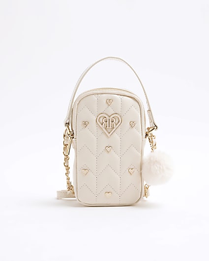 Girls Cream Quilted Stud Cross Body Bag