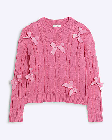 Girls pink cable knit bow jumper