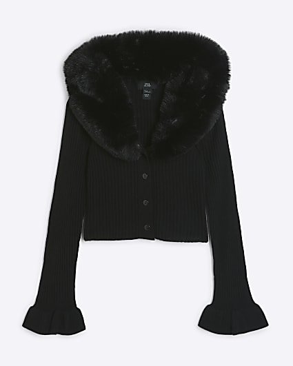 Girls black faux fur collar cardigan