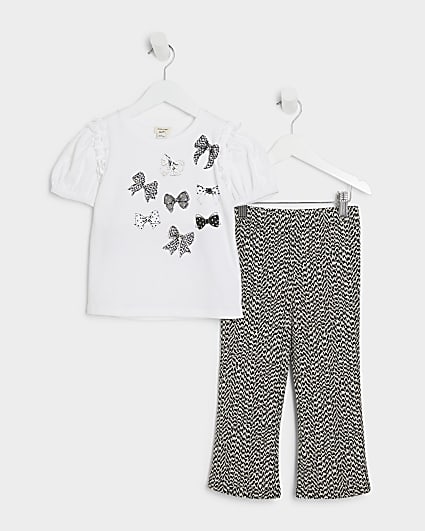 Mini girls white bow print t-shirt set