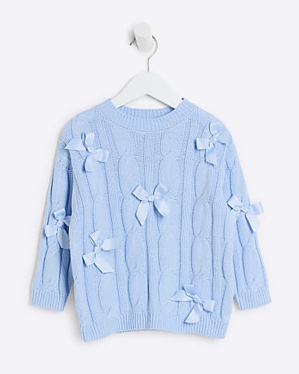 Mini Girls blue cable knit bow jumper