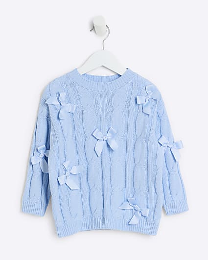 Mini Girls blue cable knit bow jumper