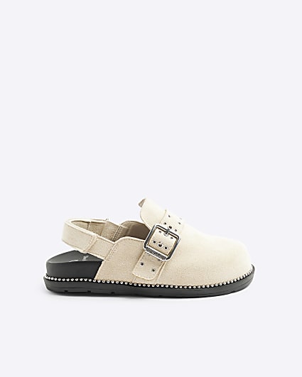 Girls beige suedette buckle clog shoes