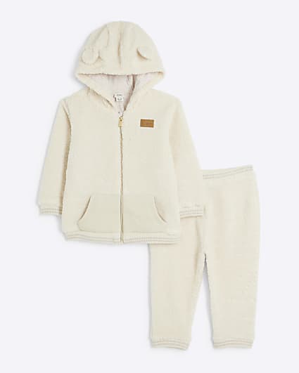 Baby beige borg bear hoodie set