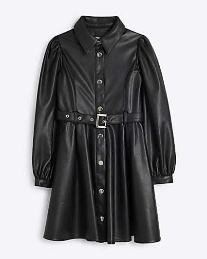 Girls Black Faux Leather Godet Shirt Dress