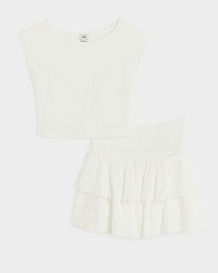 Girls white textured top and skirt set