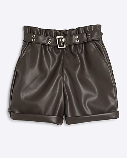 Girls brown faux leather belted shorts