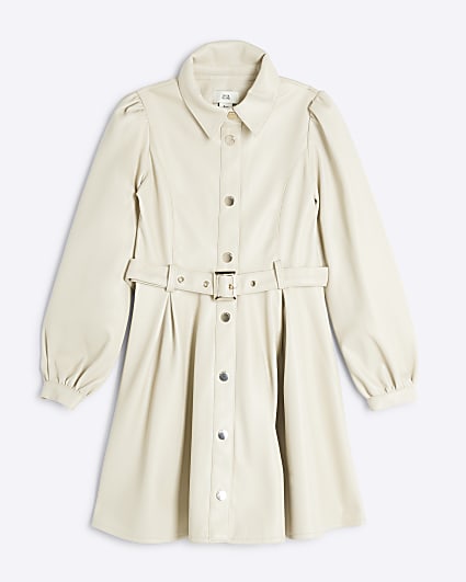 Girls cream faux leather belted shirt dress