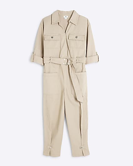 Girls Beige utility belted jumpsuit