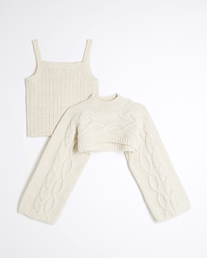 Girls Beige Cable Knit 2 In 1 Jumper