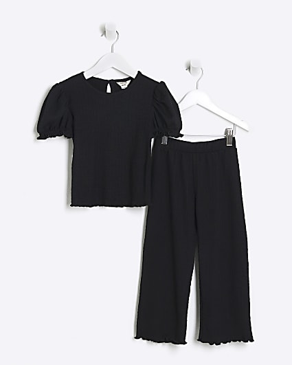 Mini girls black puff sleeve top set