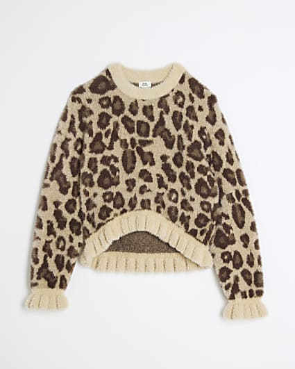 Girls Brown Leopard Fluffy Frill Jumper