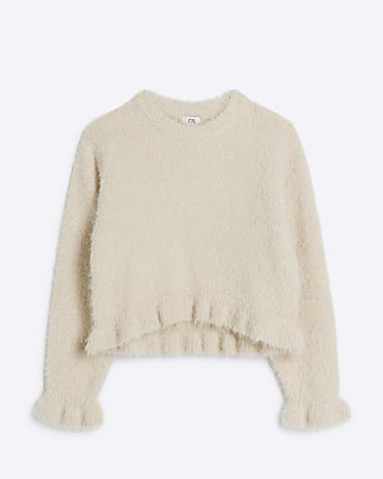 Girls Cream Tinsel Frilled Jumper