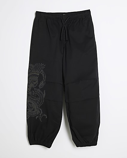 Boys Black Embroidery Dragon Cargo Trousers