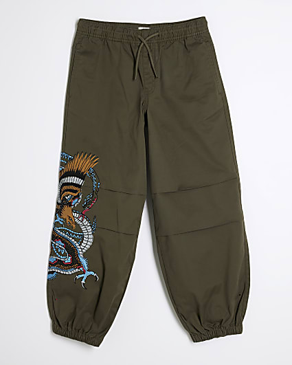 Boys Khaki Embroidery Dragon Cargo Trousers