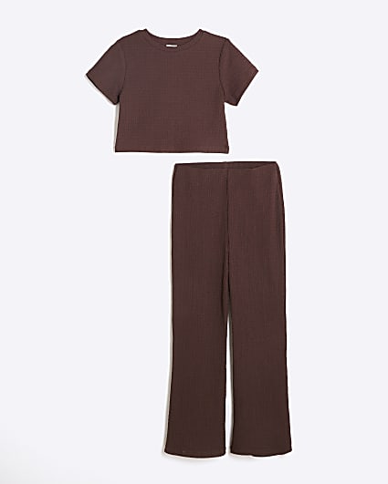 Girls Brown Crop T-Shirt And Trousers Set