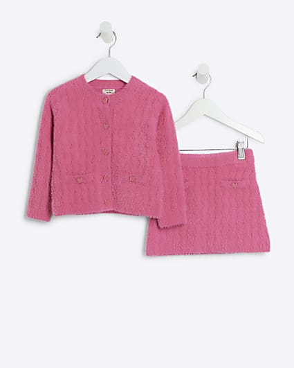 Mini Girls Pink Fluffy Cardigan And Skirt Set