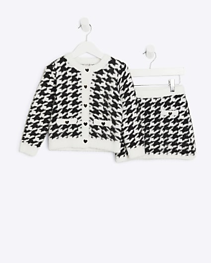 Mini girls black fluffy dogtooth cardigan set