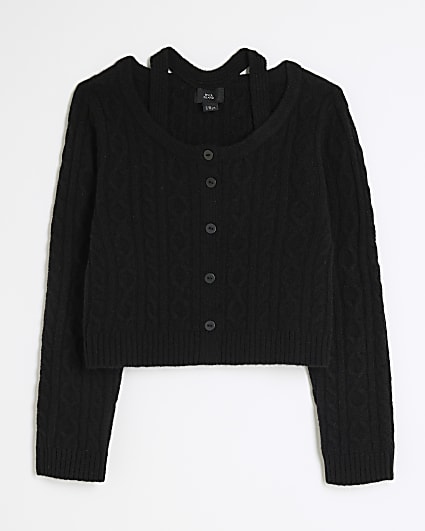 Girls black cable knit halter neck cardigan