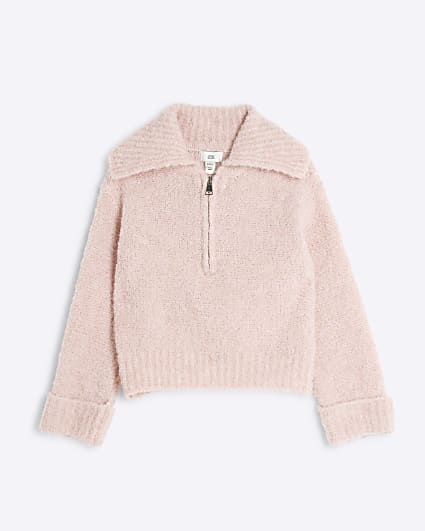 Girls Pink Boucle Funnel Jumper