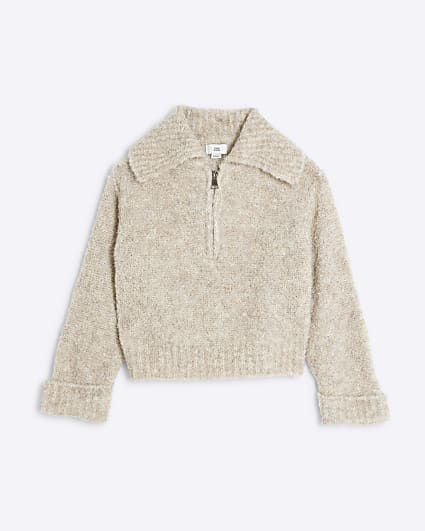 Girls Beige Boucle Funnel Jumper