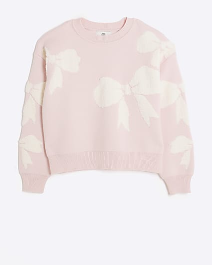 Girls pink boucle bow jumper