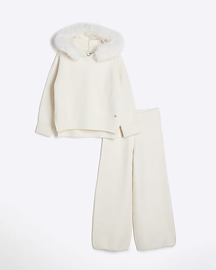 Girls Beige Ribbed Jumper Set