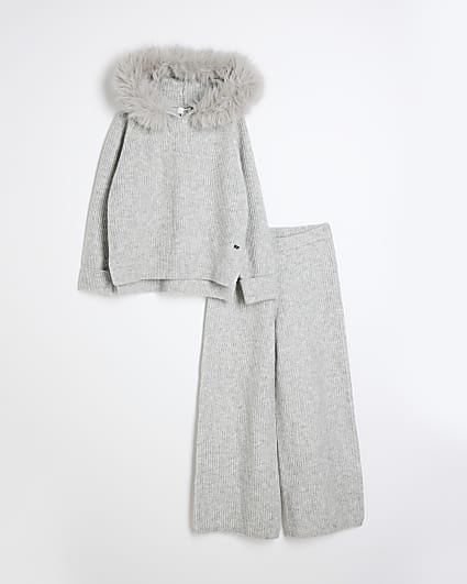 Grey Rib Hooded Wide Leg Set