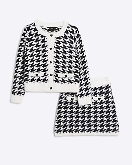 Girls black fluffy dogtooth cardigan set