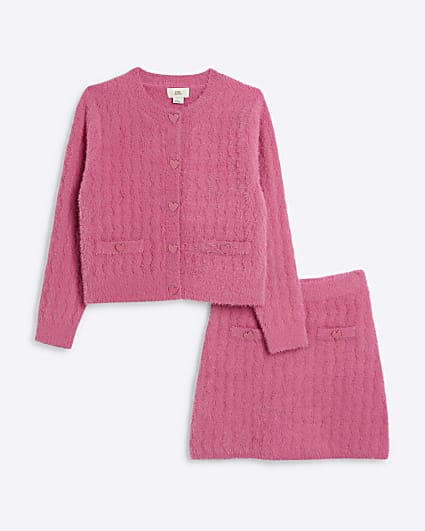 Girls Pink Fluffy Cardigan And Skirt Set