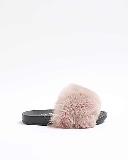 Girls pink faux fur sliders