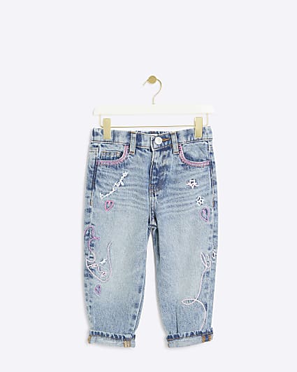 Mini girls blue embroidered mom jeans