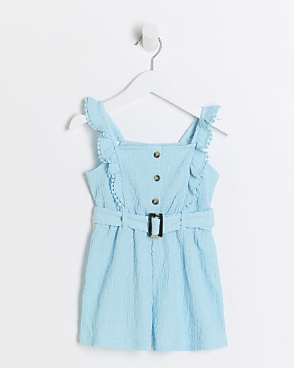 Mini Girls Blue Belted Frill Playsuit